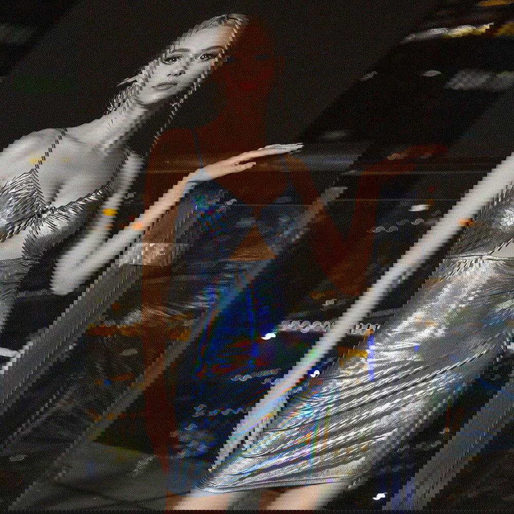 Metallic Coated Fabric Shiny Night Club Slip Hip Dress - Fashionpara