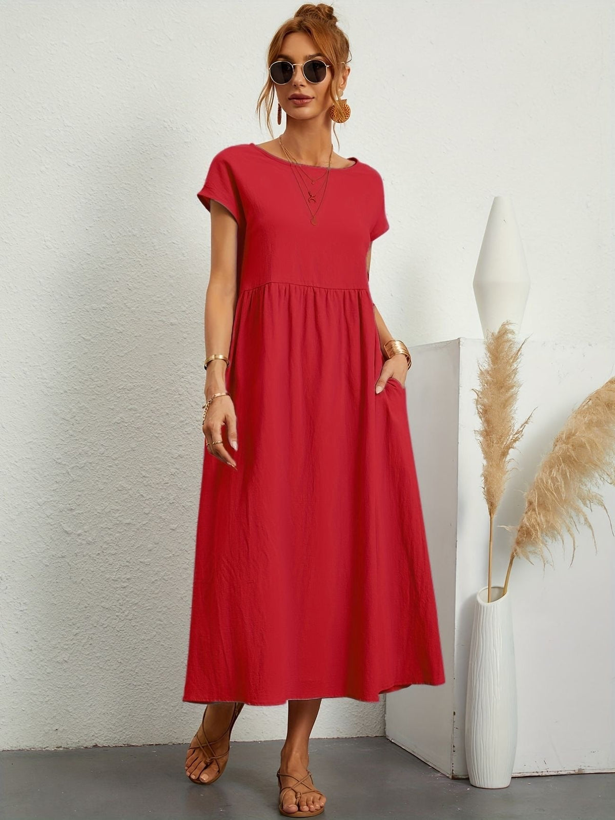 Short Sleeve Crew Neck Empire Waist Side Pocket A-Line Midi Dress - View 6