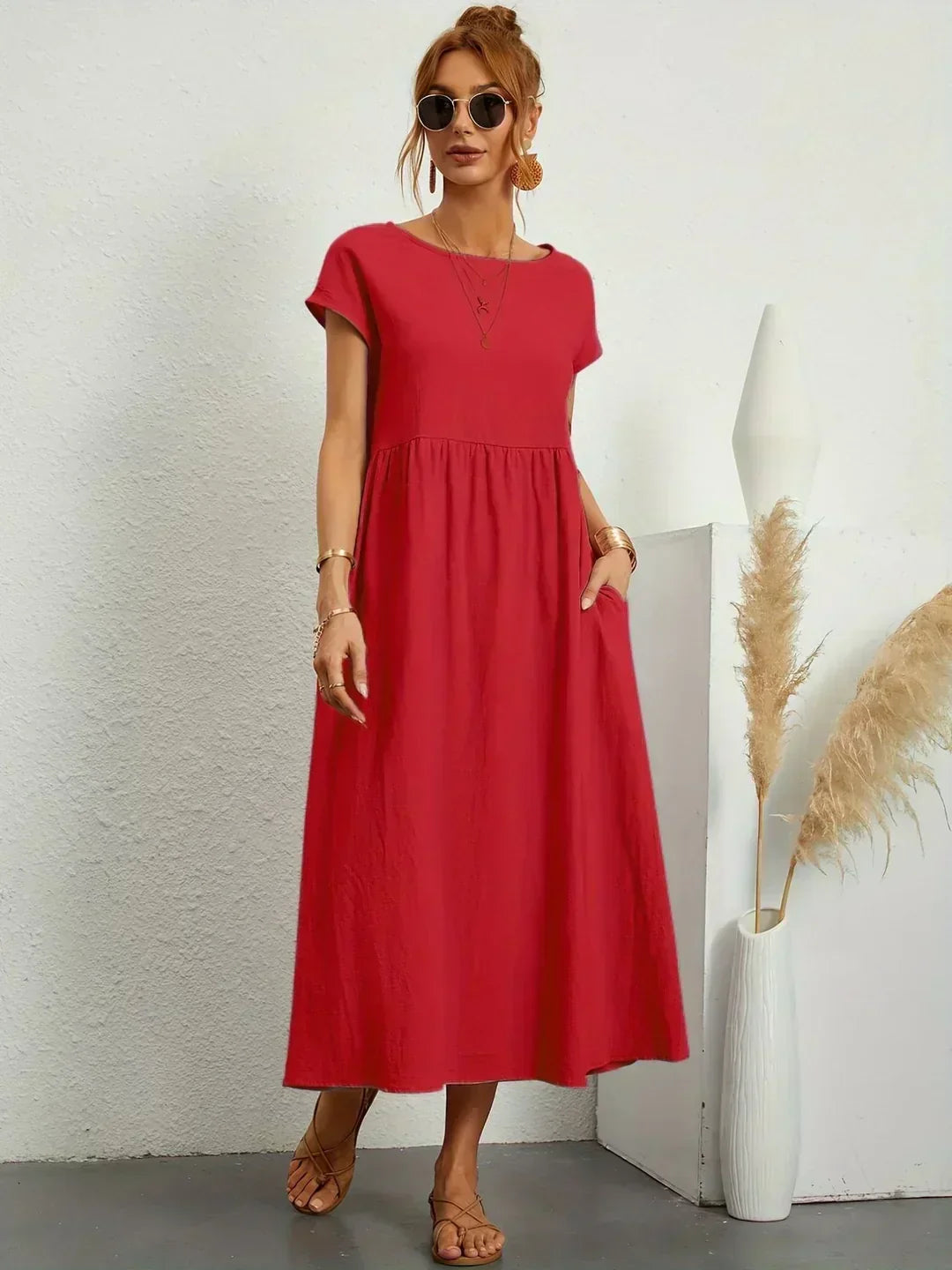 Round Neck Short Sleeve Tiered Midi Dress 16