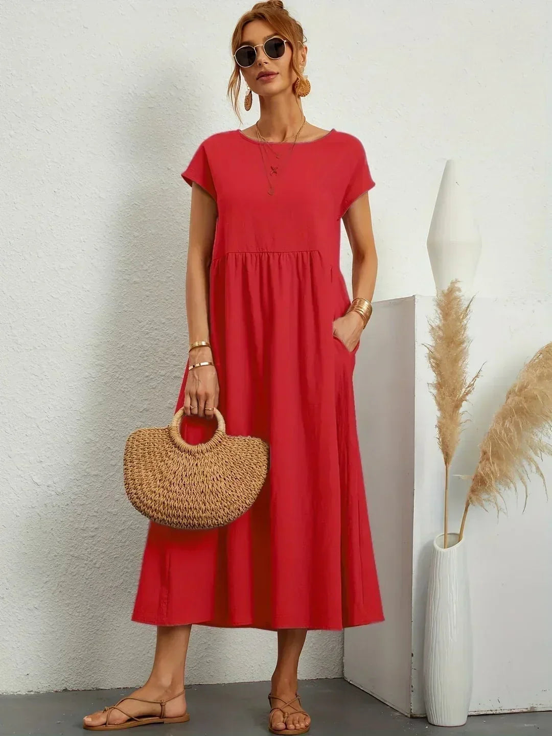Round Neck Cap Sleeve Babydoll Midi Dress 26