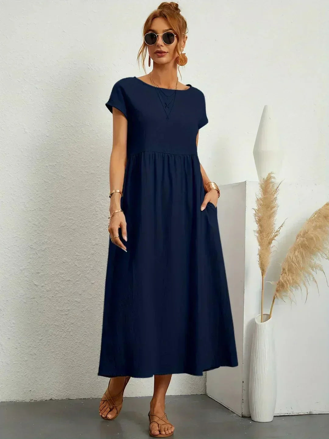 Round Neck Short Sleeve Tiered Midi Dress 4