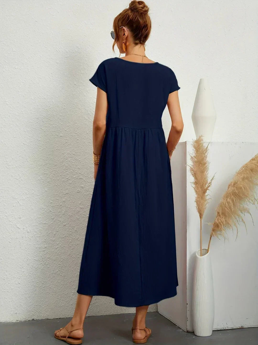 Round Neck Cap Sleeve Babydoll Midi Dress 14