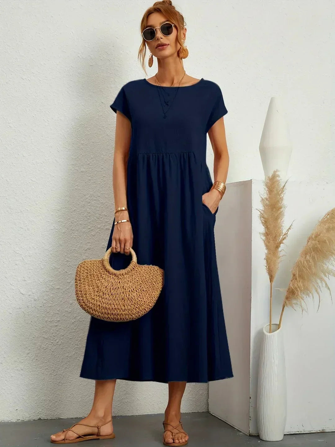 Round Neck Cap Sleeve Babydoll Midi Dress 15