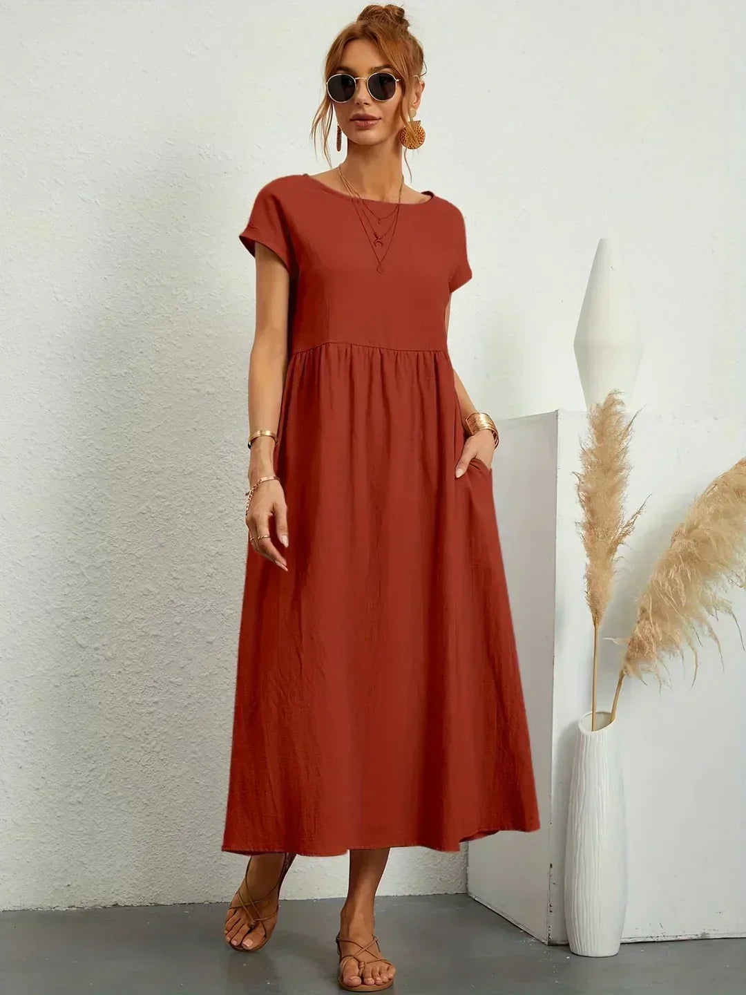 Round Neck Short Sleeve Tiered Midi Dress 21