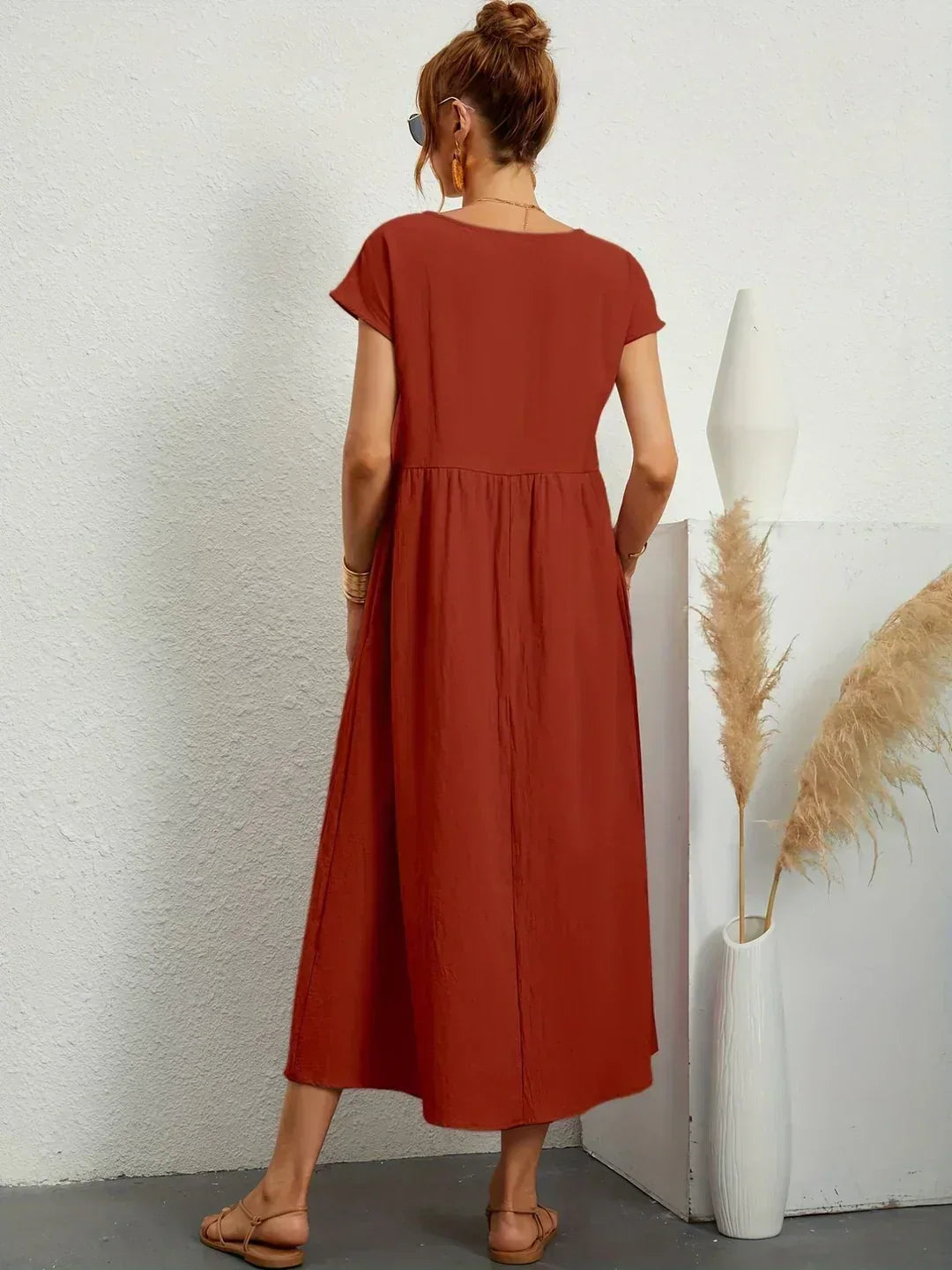 Round Neck Short Sleeve Tiered Midi Dress 20