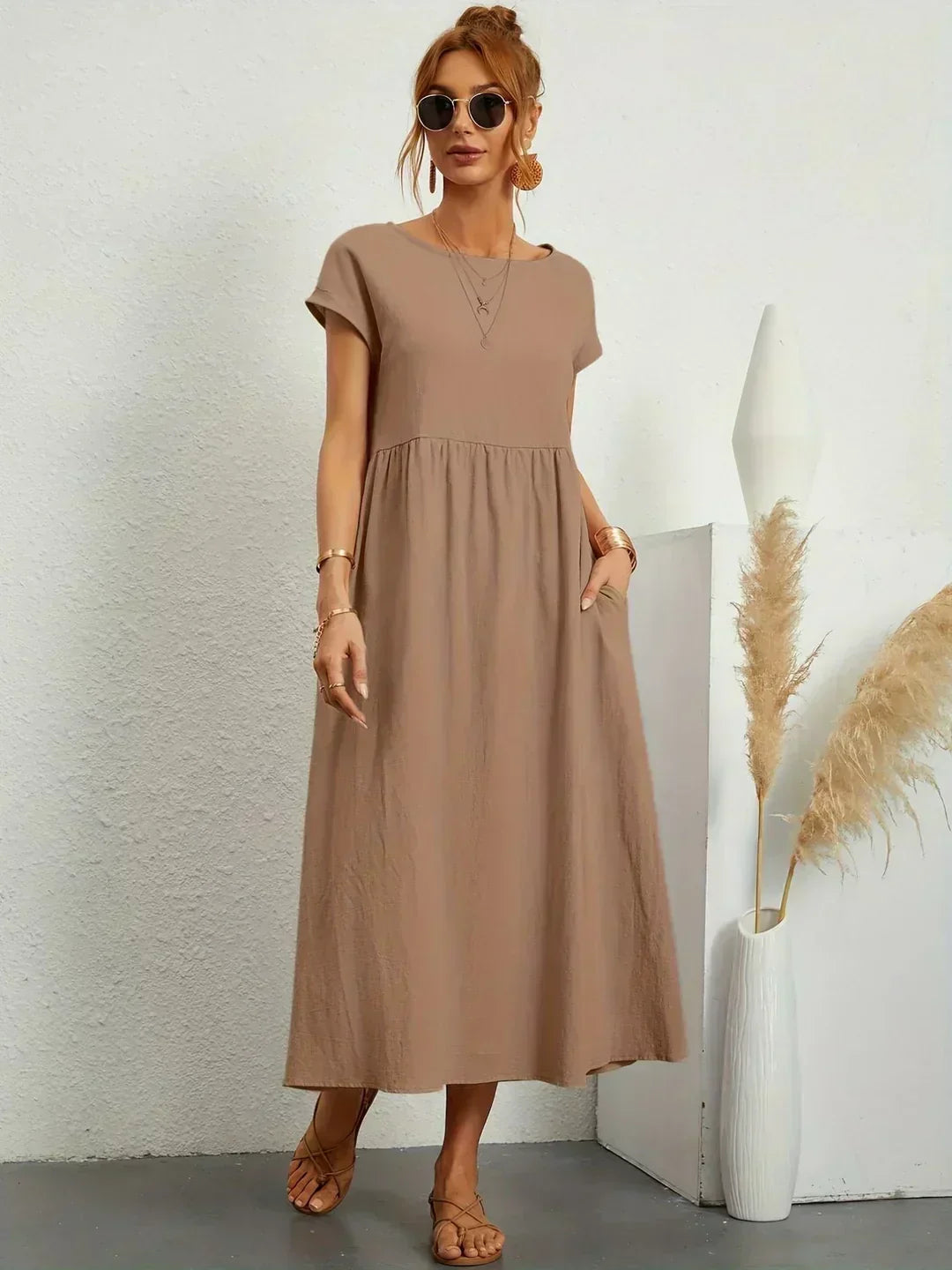 Round Neck Short Sleeve Tiered Midi Dress 14