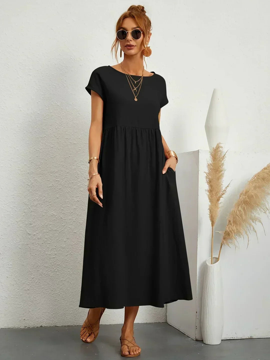 Round Neck Short Sleeve Tiered Midi Dress 8
