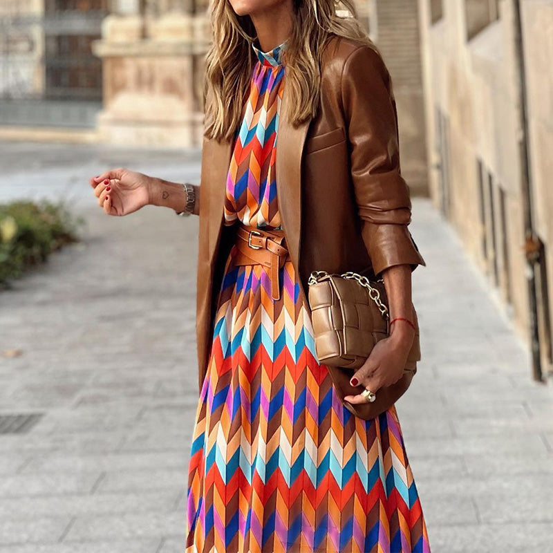 Chevron Print High Neck Sleeveless Belted Pleated Midi Dress