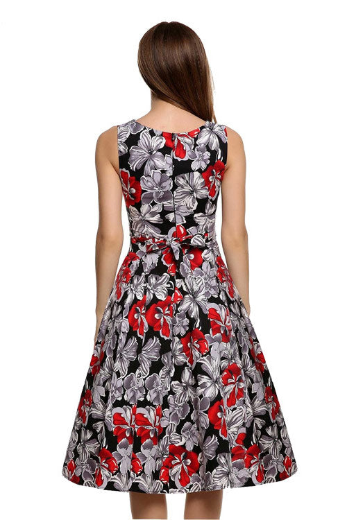 Floral Print Round Neck Sleeveless A-Line Midi Dress