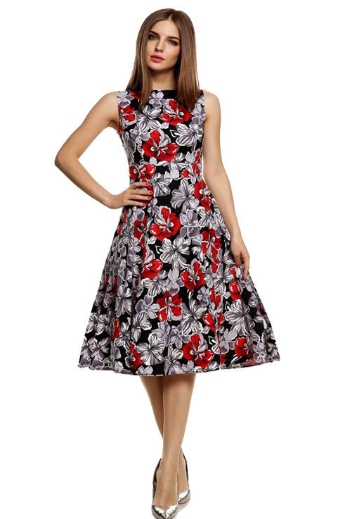 Floral Print Round Neck Sleeveless A-Line Midi Dress