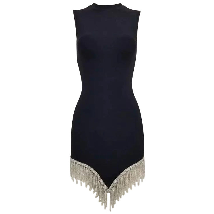 Rhinestone Fringe Mock Neck Sleeveless Pointed Hem Bodycon Mini Dress