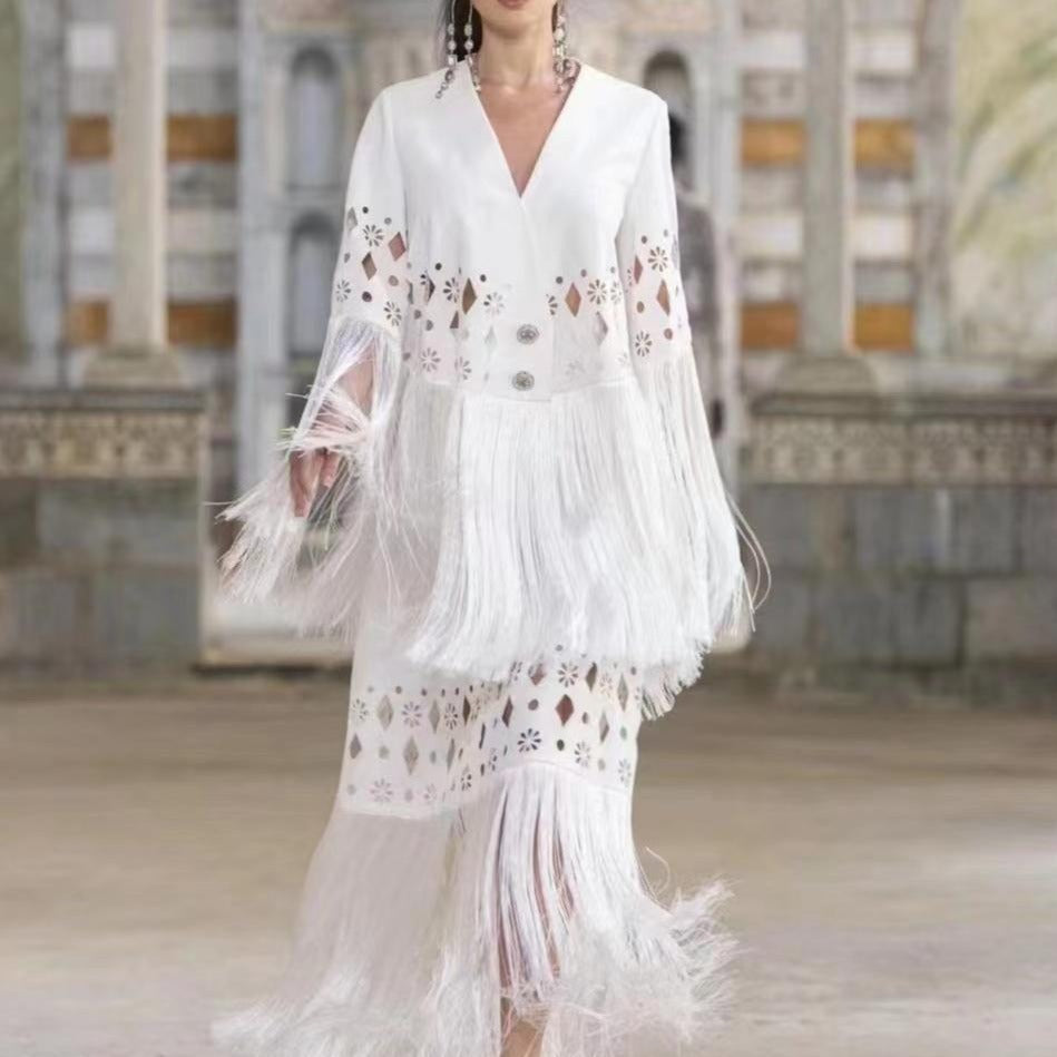 KittenAlarm - Mila White Fringe Tops & Skirt Set