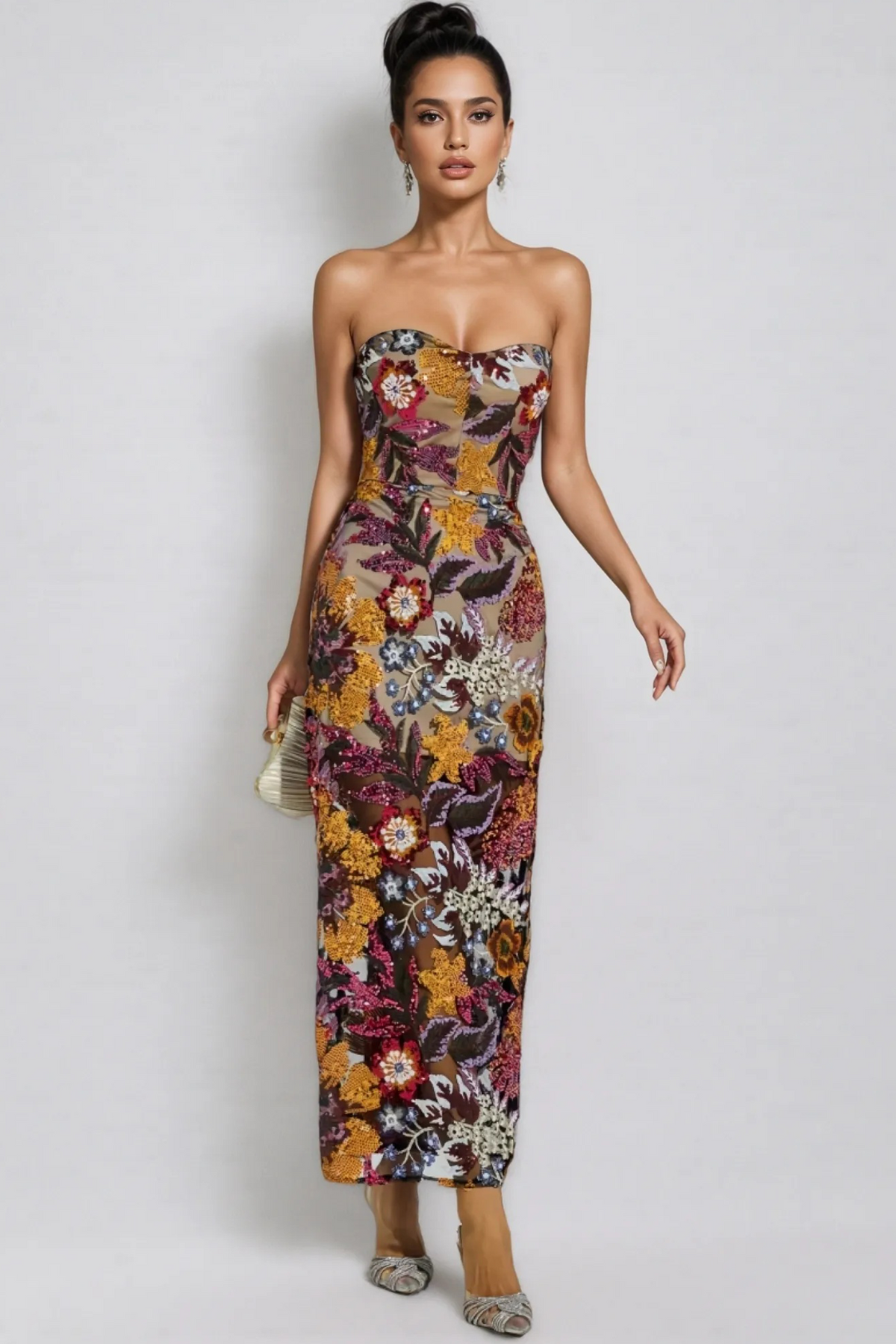 Floral Sequin Strapless Sweetheart Sheer Bodycon Maxi Dress