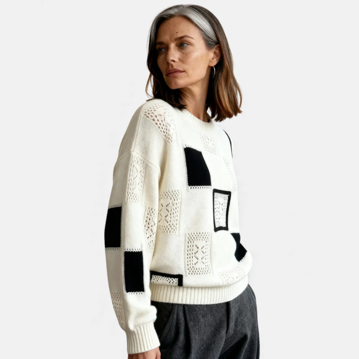 Crew Neck Long Sleeve Patchwork Pointelle Knit Sweater 4