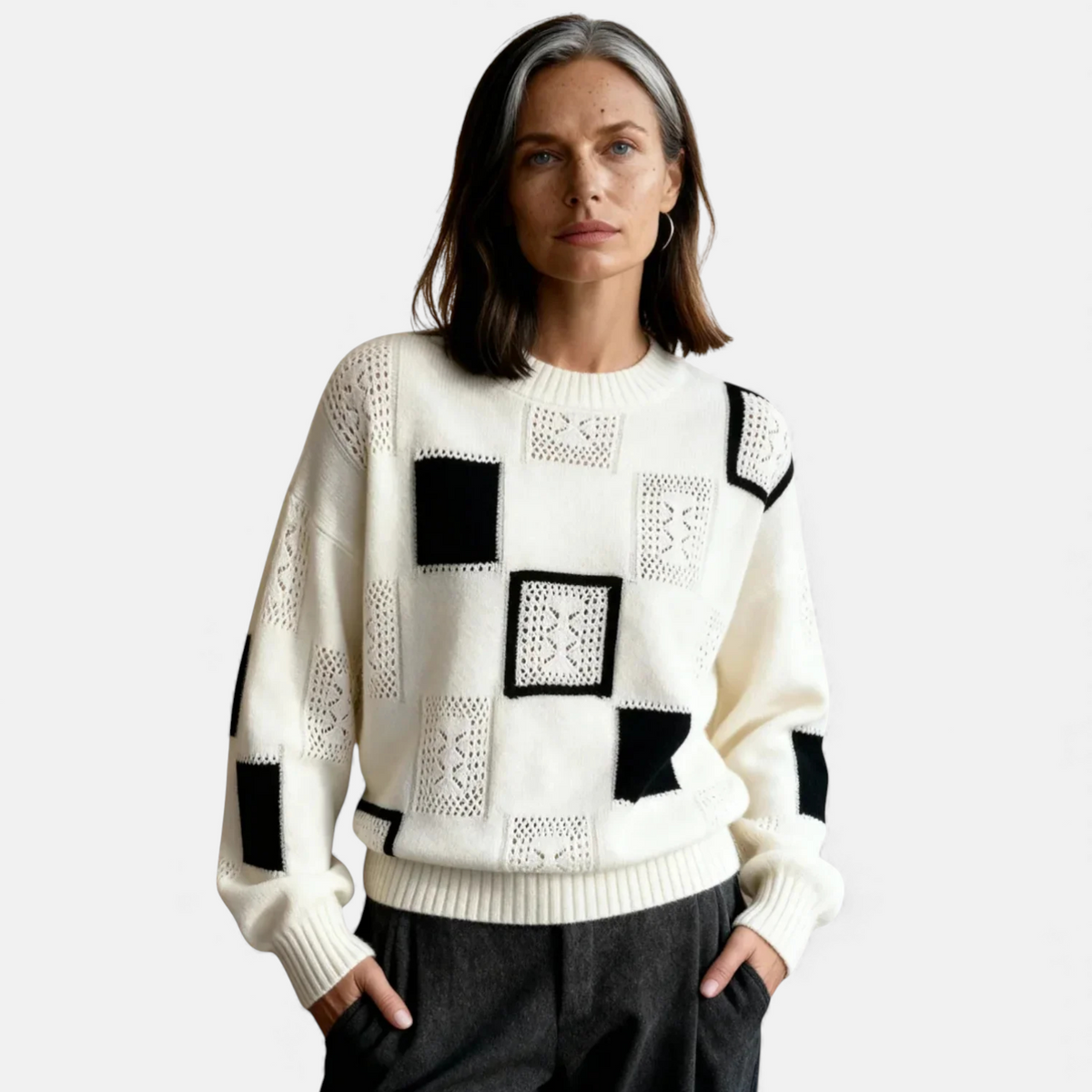 Crew Neck Long Sleeve Patchwork Pointelle Knit Sweater