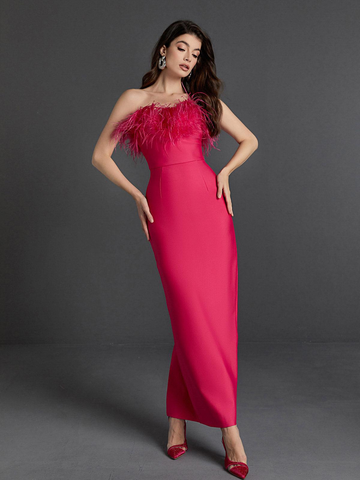 Mina Strapless Feather Trimmed Bandage Dress In Hot Pink