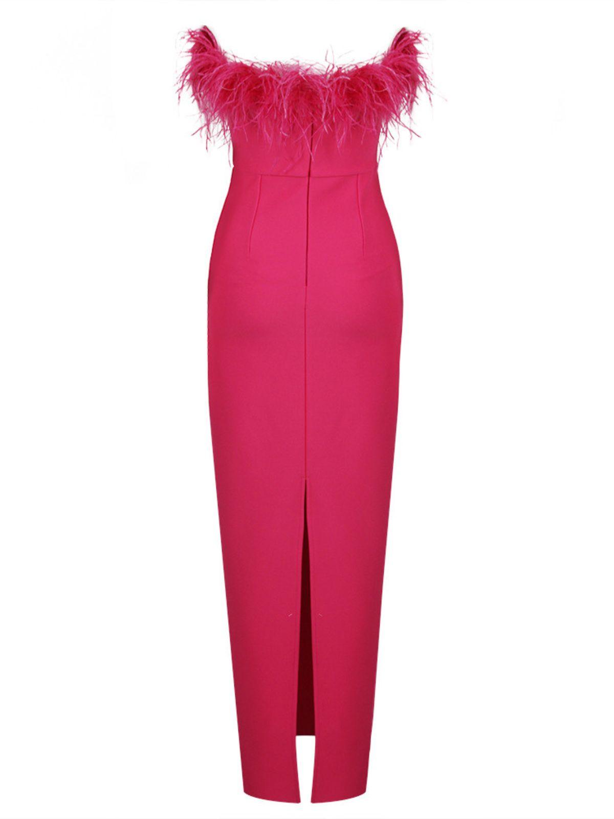 Mina Strapless Feather Trimmed Bandage Dress In Hot Pink