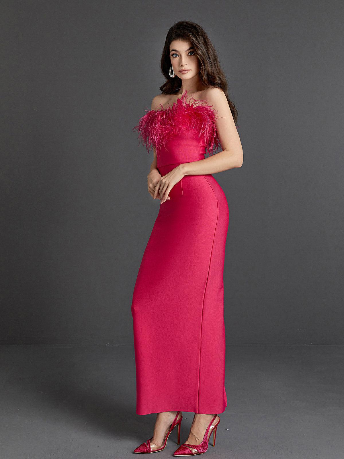 Strapless Feather-Trim Bandage Column Maxi Dress 4