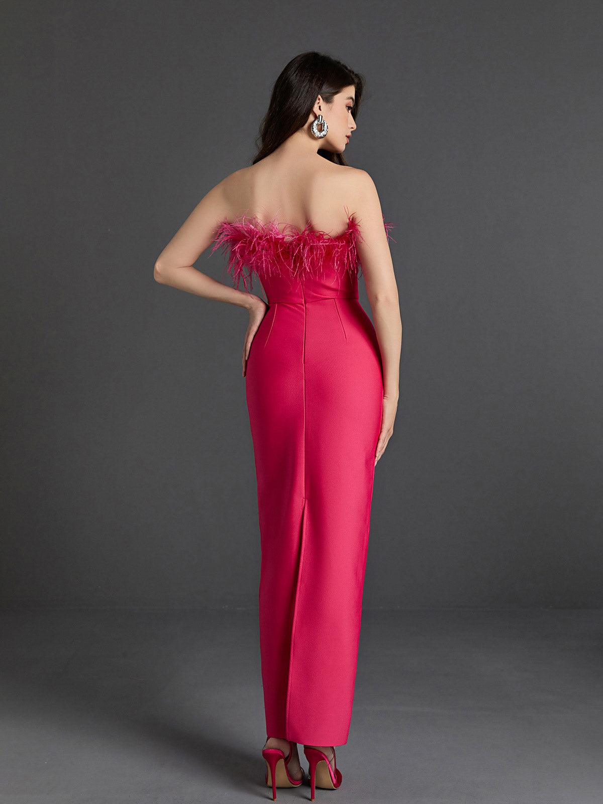 Mina Strapless Feather Trimmed Bandage Dress In Hot Pink