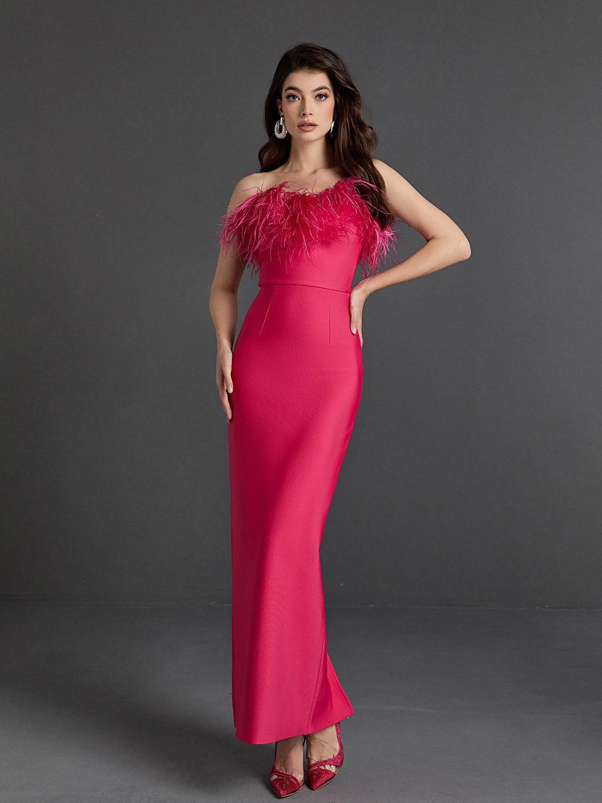 Strapless Feather-Trim Bandage Column Maxi Dress