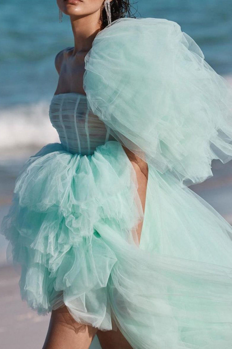 Tiered Tulle Strapless Puff Sleeve High-Low Gown
