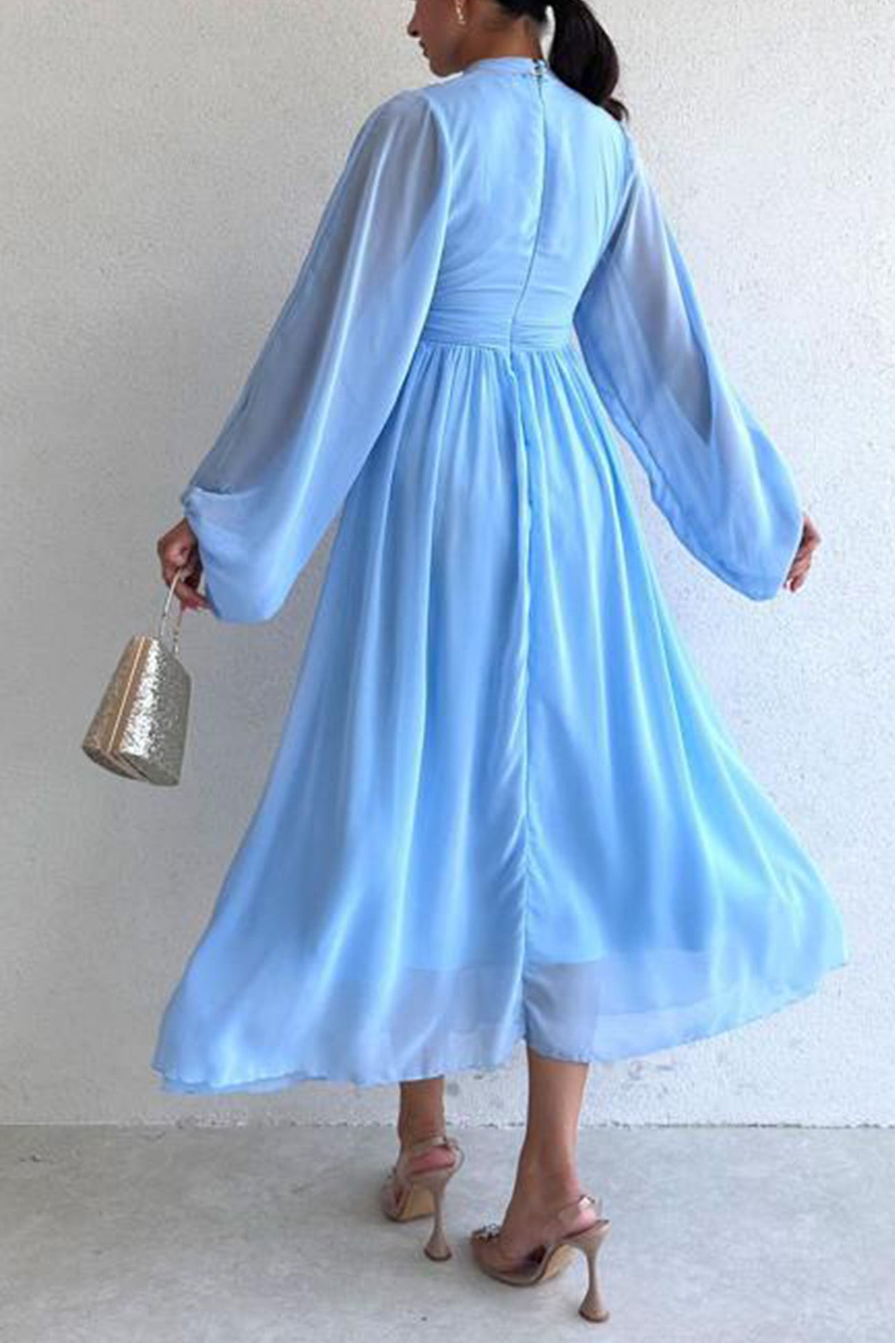 Mock Neck High Waist Pleated Maxi Dress