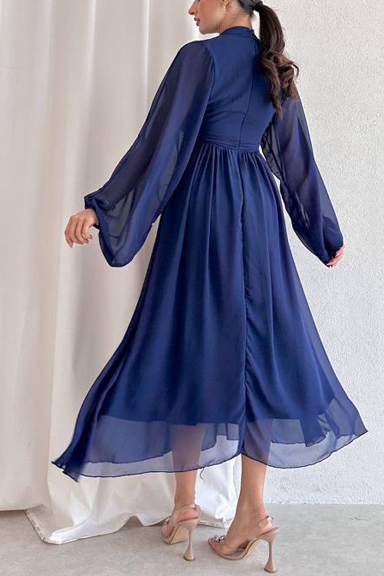 Mock Neck High Waist Pleated Maxi Dress