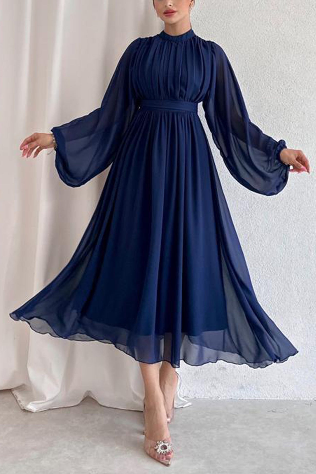 Mock Neck High Waist Pleated Maxi Dress