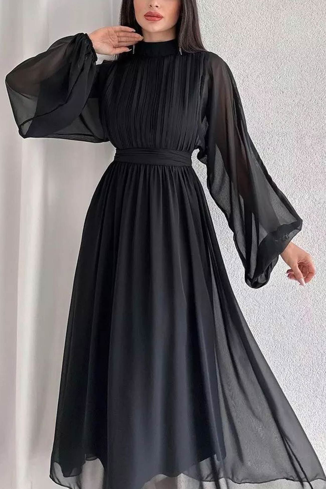 Mock Neck High Waist Pleated Maxi Dress