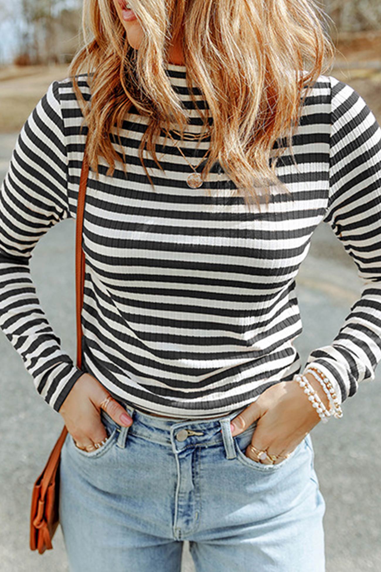Mock Neck Striped Knit Pullover
