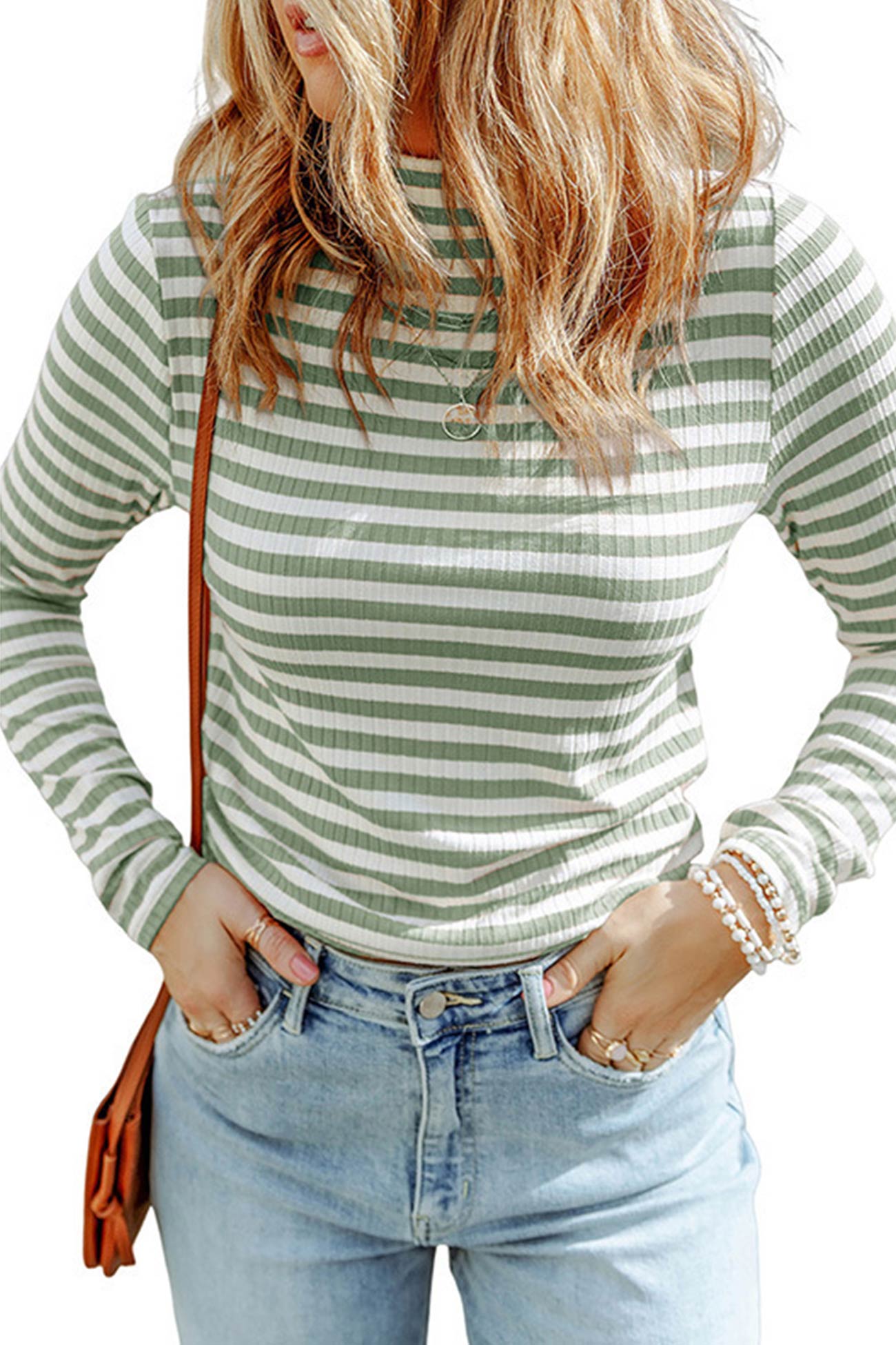 Mock Neck Striped Knit Pullover