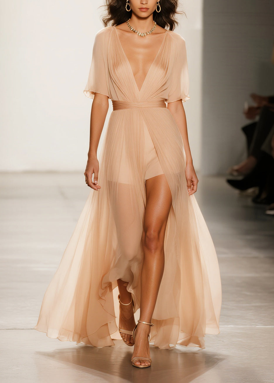 Deep V-Neck Pleated Flutter Sleeve Sheer Overlay Maxi Gown