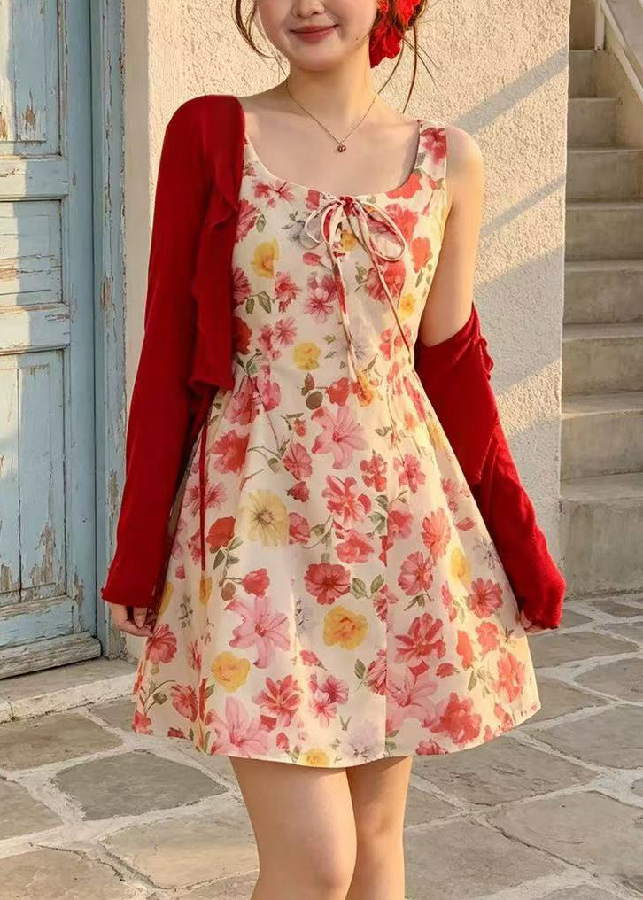 Floral Print Tie Neck Sleeveless Mini Dress and Cardigan Two Piece Set