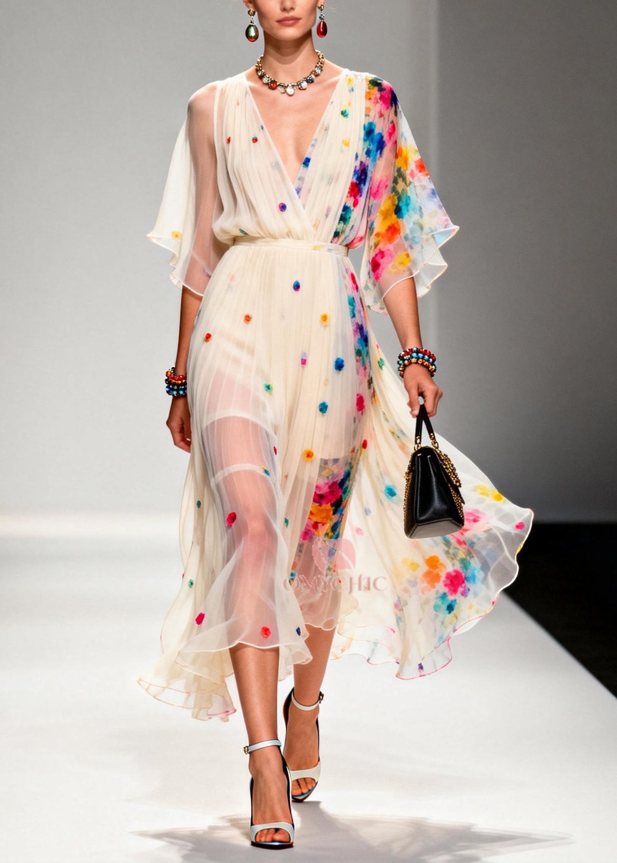 Floral Applique Pleated V-Neck Wrap Bodice Midi Dress