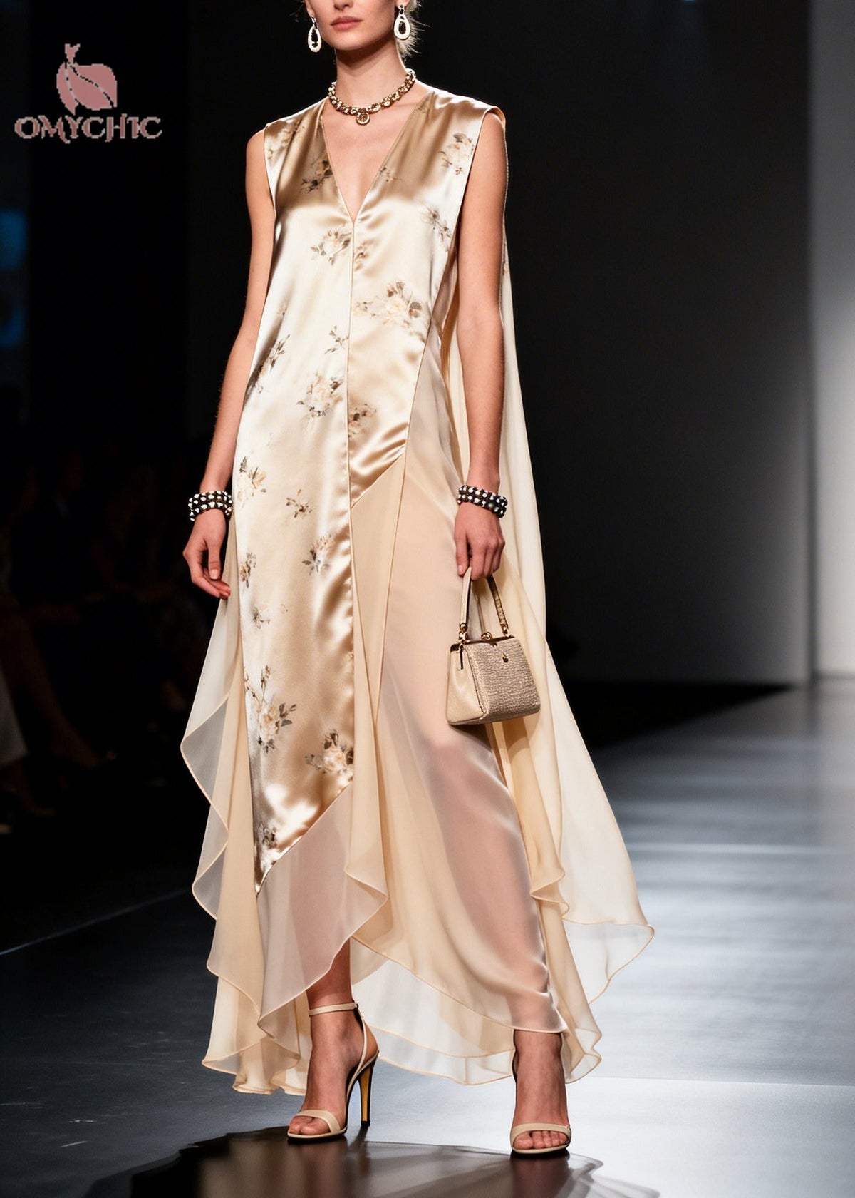 Modern Beige Asymmetrical Patchwork Chiffon Maxi Dresses Sleeveless