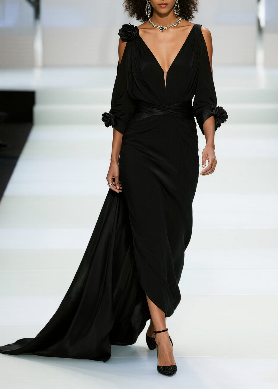 Deep V-Neck Cold Shoulder Rosette Cuff Draped Wrap Waist Train Gown