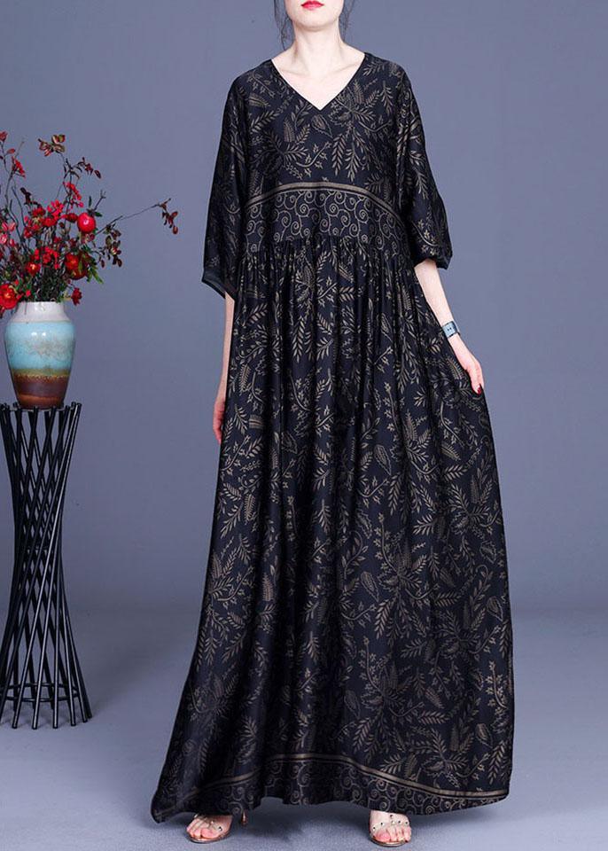 Botanical Print V-Neck Empire Waist Three Quarter Sleeve Maxi Dress