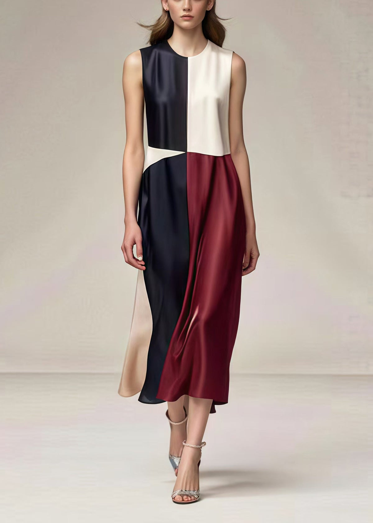 Round Neck Sleeveless Colorblock Satin Midi Dress