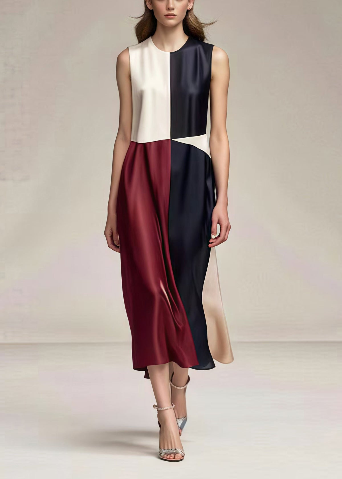 Round Neck Sleeveless Colorblock Satin Midi Dress - View 2