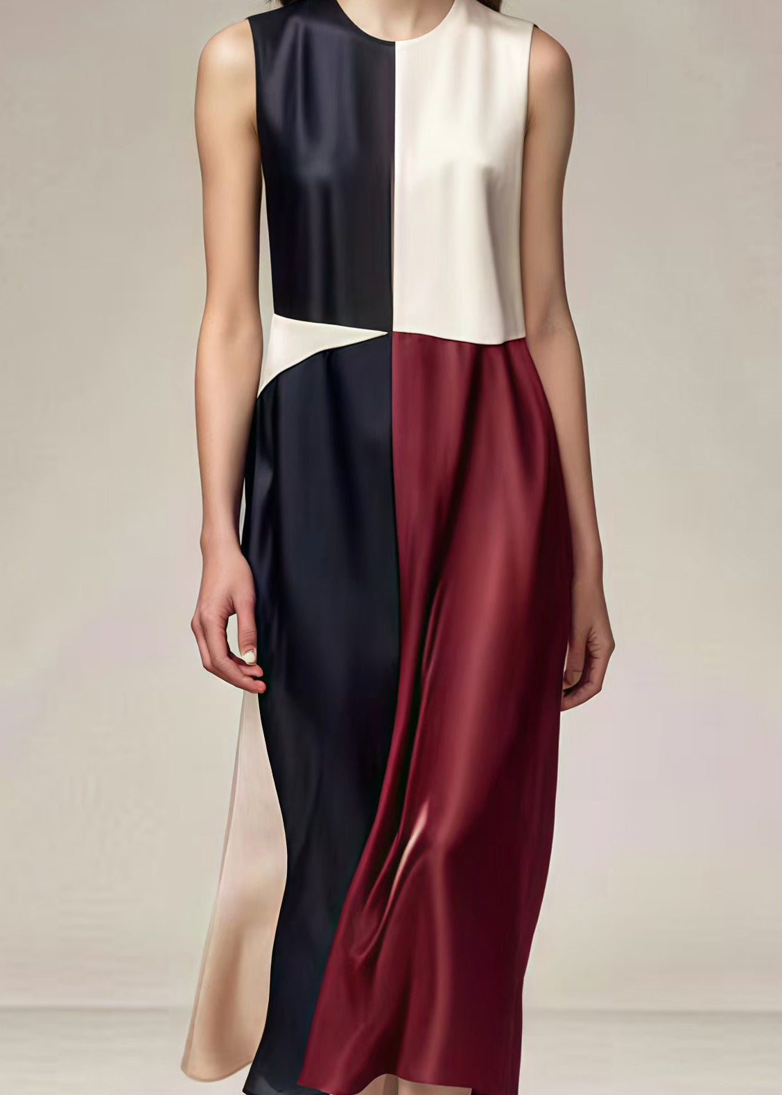Round Neck Sleeveless Colorblock Satin Midi Dress - View 4