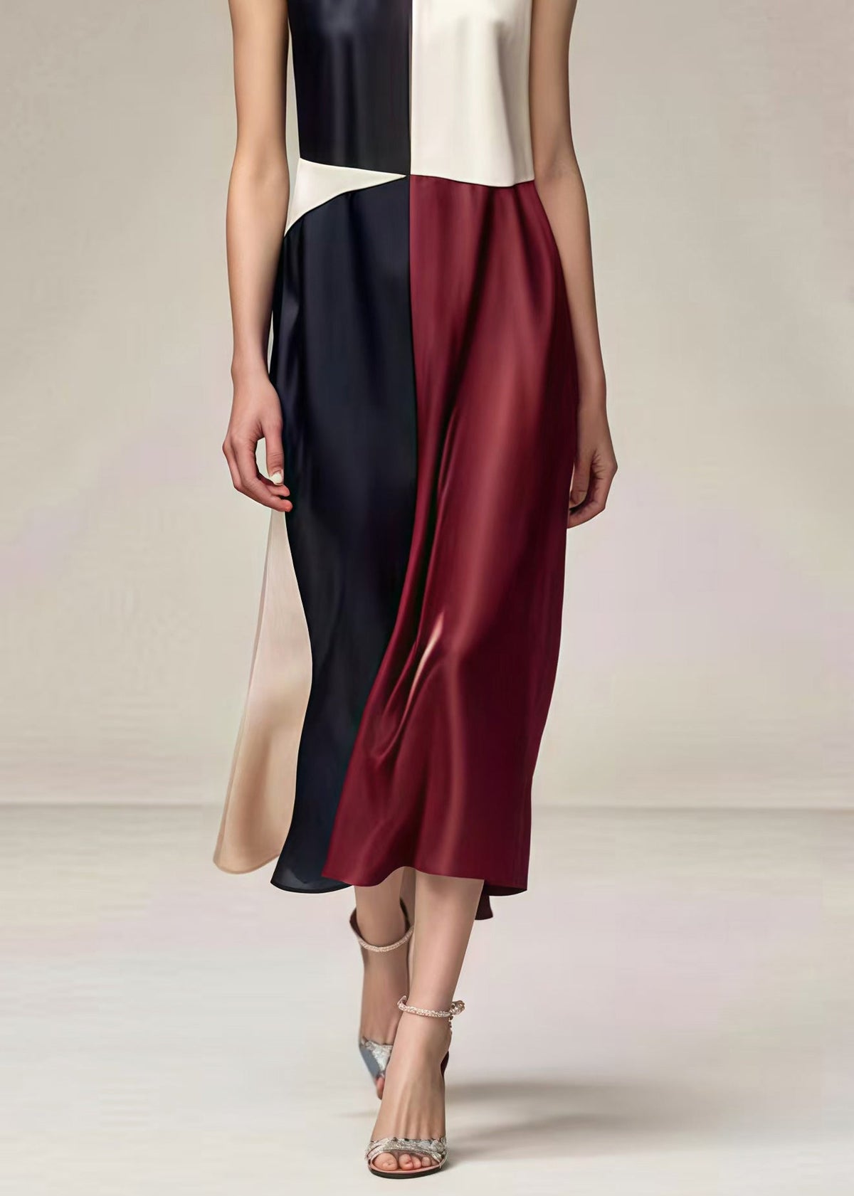 Round Neck Sleeveless Colorblock Satin Midi Dress - View 5