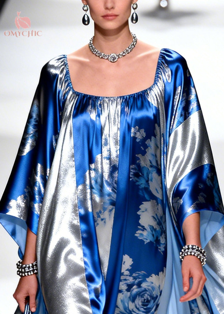 Rose Floral Print Metallic Panel Square Neck Kaftan Maxi Gown - View 2
