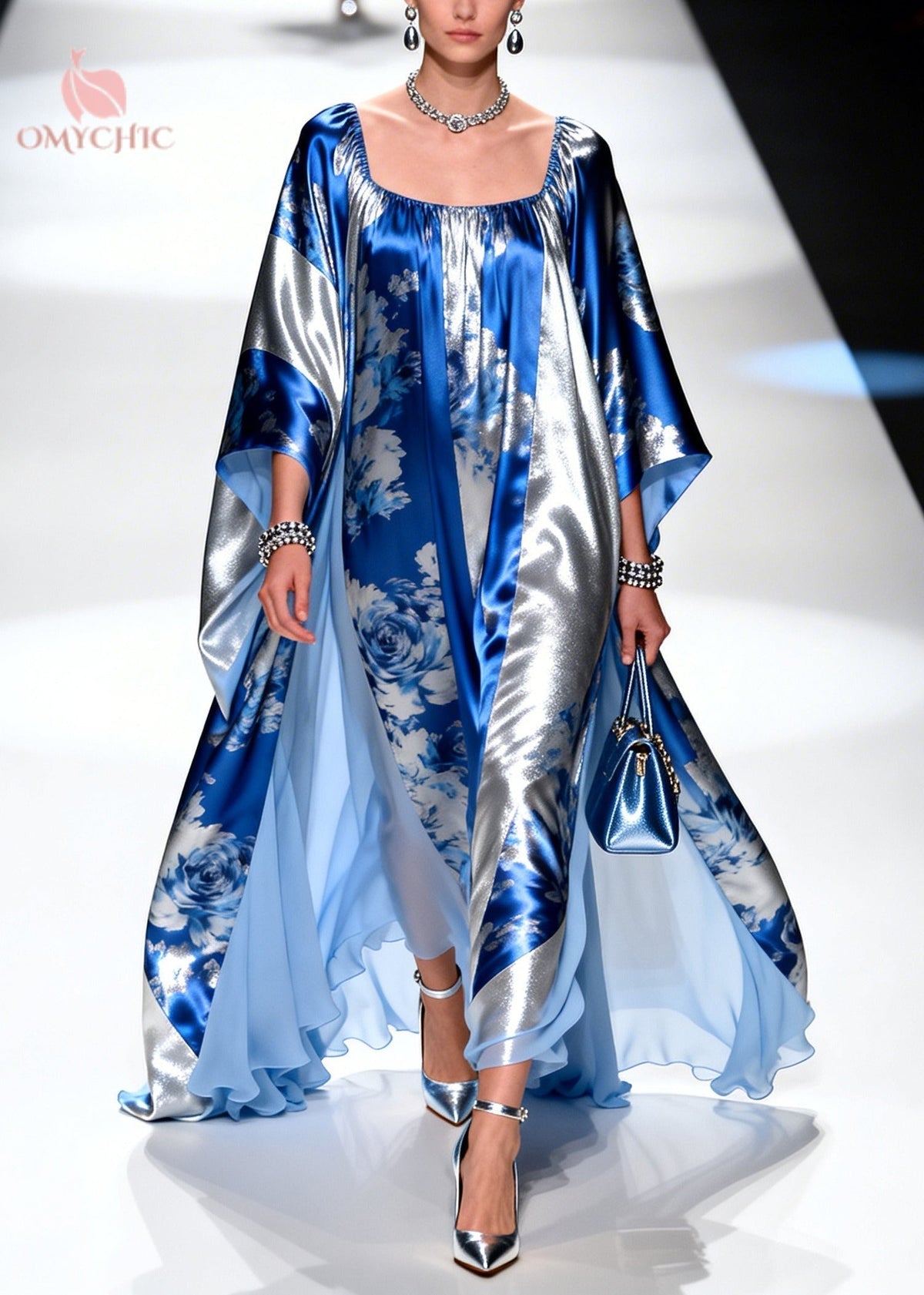Rose Floral Print Metallic Panel Square Neck Kaftan Maxi Gown - View 3