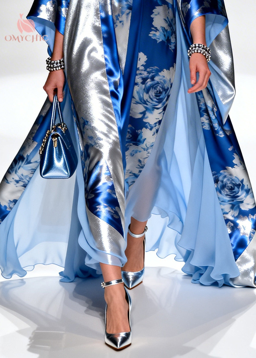 Rose Floral Print Metallic Panel Square Neck Kaftan Maxi Gown - View 4