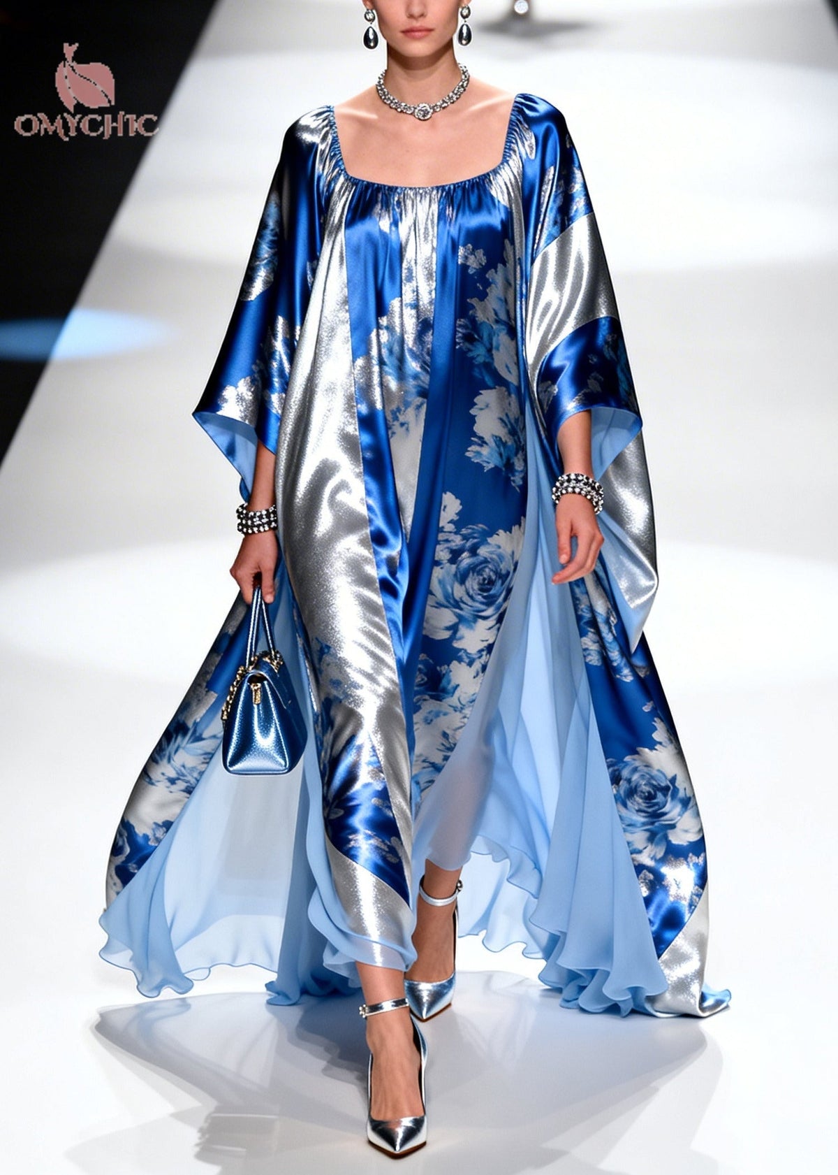 Rose Floral Print Metallic Panel Square Neck Kaftan Maxi Gown - View 5