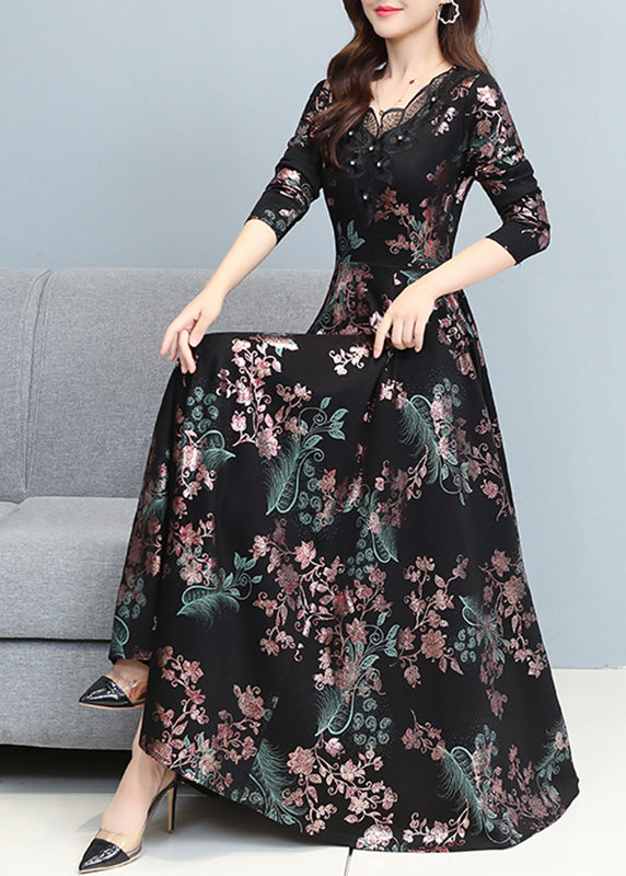 Floral Print V-Neck Lace Trim Button Detail A-Line Maxi Dress