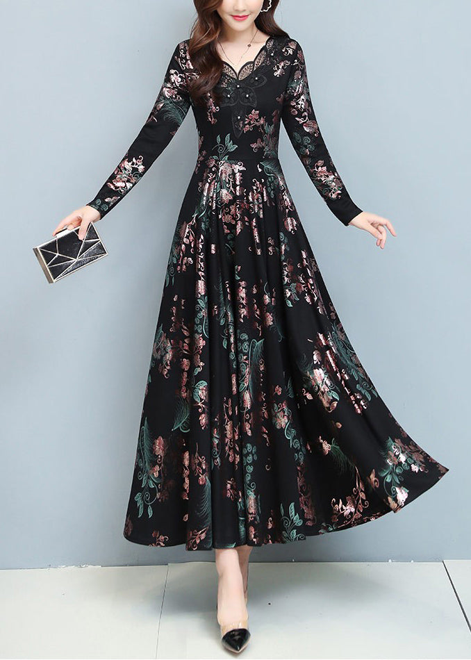 Floral Print V-Neck Lace Trim Button Detail A-Line Maxi Dress - View 2