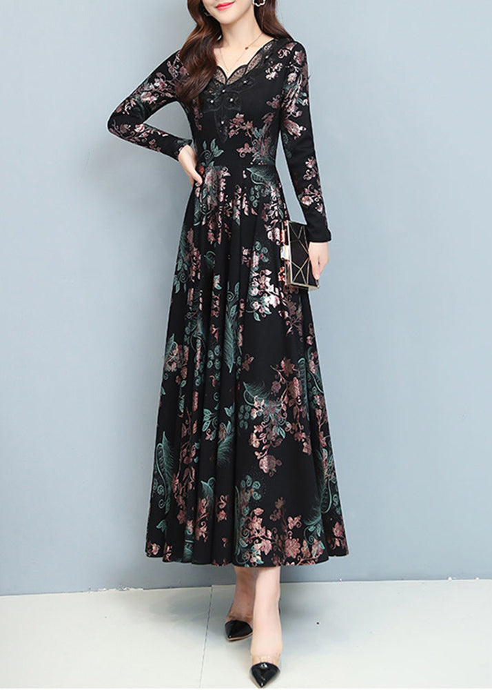 Floral Print V-Neck Lace Trim Button Detail A-Line Maxi Dress - View 3