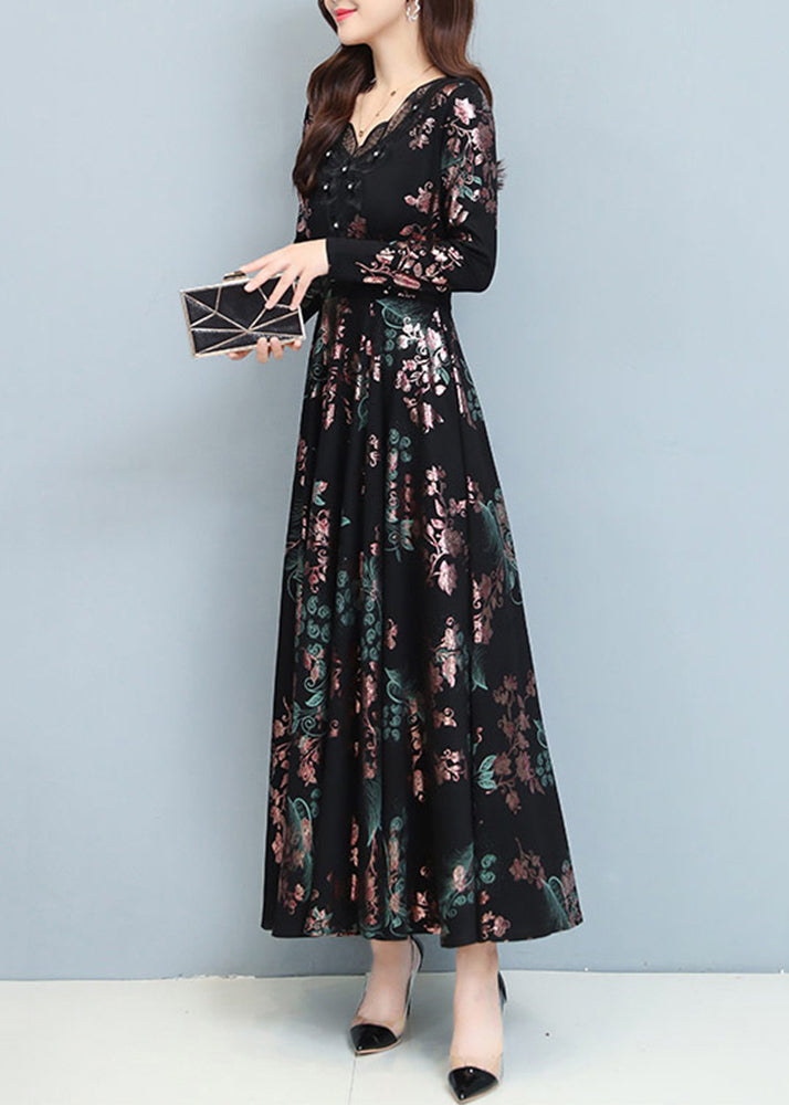 Floral Print V-Neck Lace Trim Button Detail A-Line Maxi Dress - View 4