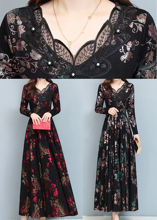 Floral Print V-Neck Lace Trim Button Detail A-Line Maxi Dress - View 5